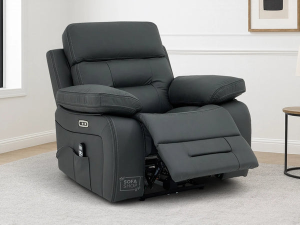 Electric Recliner Chair In Grey Real Leather | Hi-Tech Cinema Seat with Power Headrest, Massage, Power Recliner & USB Charging Button | Grey Real Leather | Sicily