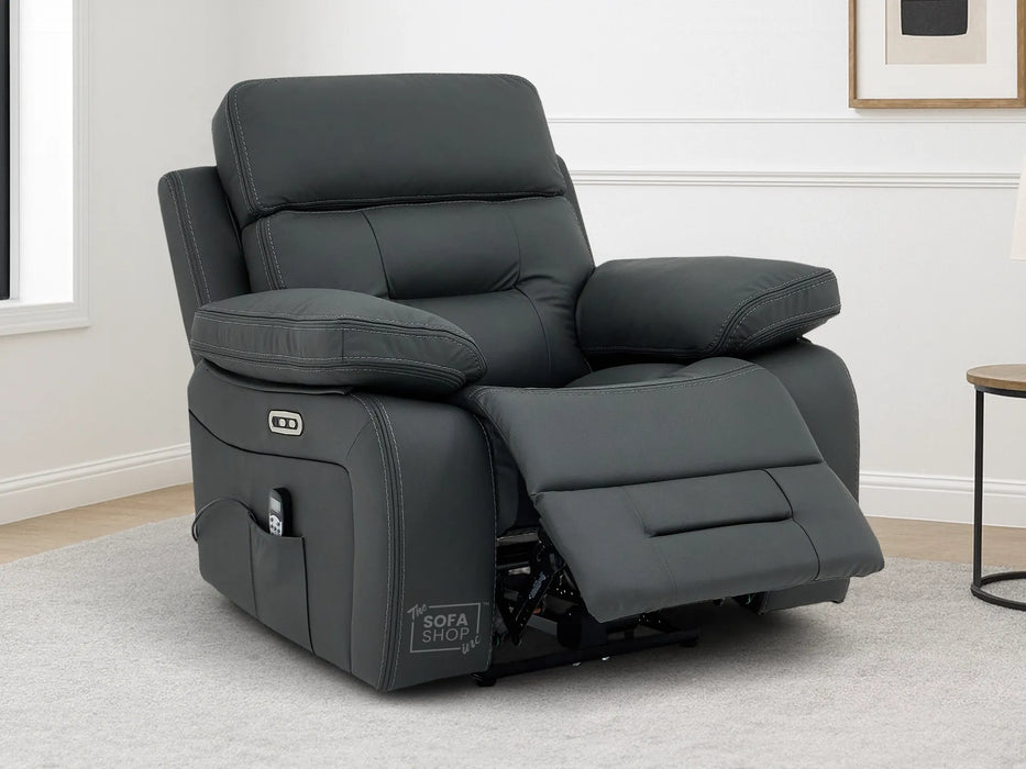 Electric Recliner Chair In Grey Real Leather | Hi-Tech Cinema Seat with Power Headrest, Massage, Power Recliner & USB Charging Button | Grey Real Leather | Sicily