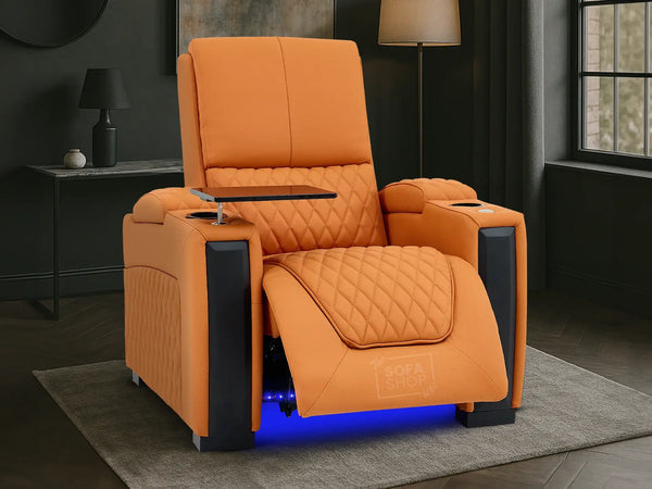 1 Seat Real Leather Electric Recliner Chair Home Cinema Sofa in Orange with LED Cup Holders + Compact, Space Saving Design & Lumbar Support | Assisi