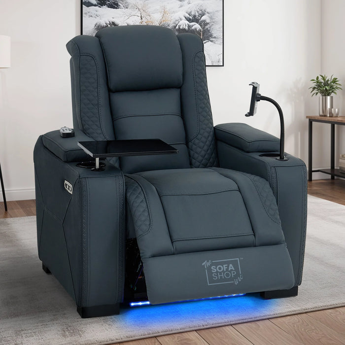 3+1 Seater Genuine Leather Recliner Cinema Sofa Set with Massage, Drop-Down Table, Cup Holders, LED Reading Light, Power Recliner, USB Ports, Socket Set & Storage | Blue Leather | Napoli