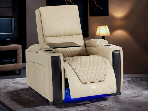 Power Recliner | Smart Reclining Electric Chair in Beige Genuine Leather with Chilling Cup Holder, LED & Lumbar Support | Assisi | The Sofa Shop