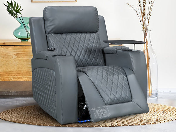 Electric Recliner Chair & Cinema Seat in Grey Leather with Massage, Chilled Cup Holders, and USB - Venice Series One
