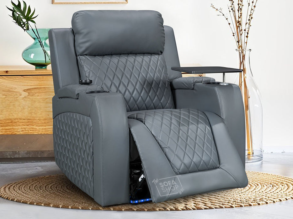 Electric Recliner Chair & Cinema Seat in Grey Leather with Massage, Chilled Cup Holders, and USB - Venice Series One