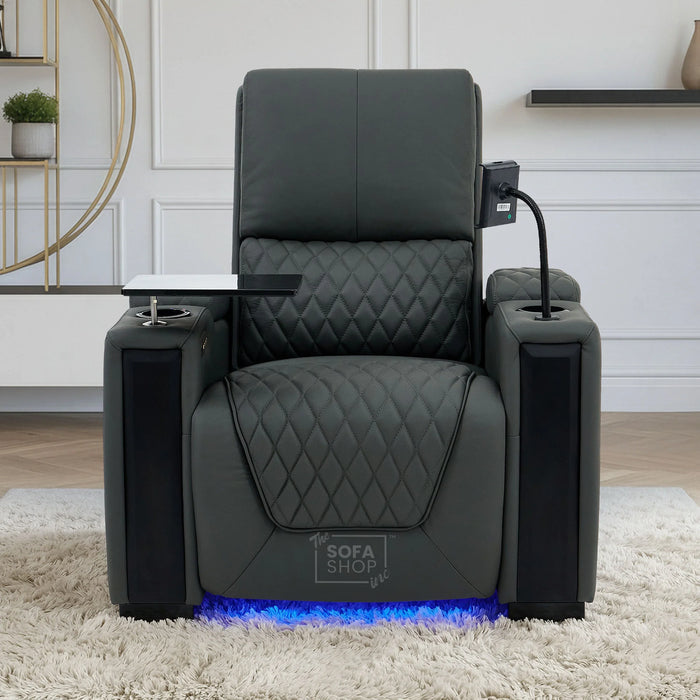 Real Leather 3+1 Home Theatre Sofa Suite In Grey | 2 Piece Reclining Cinema Sofa Package With Massage, Low Heated Lumbar, Power Lumbar, LED & Cooling Cup Holders | Assisi
