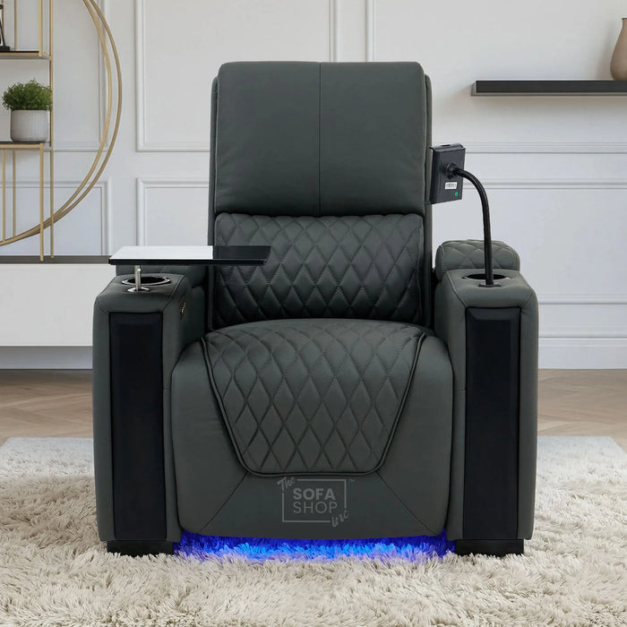 1 Seat Real Leather Electric Recliner Home Cinema Chair in Grey With Massage + Low Heated Lumbar + Cup Holders + Storage Compartments | Assisi