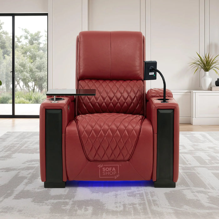 1 Seat Real Leather Electric Recliner Chair Home Cinema Sofa In Red with Massage, LED Cup Holders  & Low Heated Lumbar | Assisi