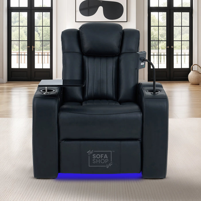 Real Leather 3+2+1 Power Reclining Sofa Set in Black | 3-Piece Cinema Sofa Suite with Console, Power Sockets, Cup Holders, Table & Massage | Capri