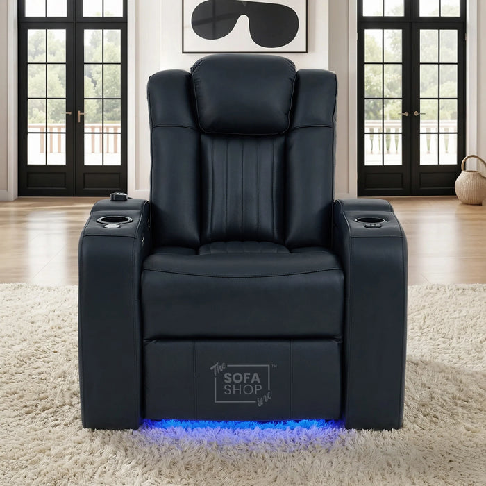 Real Leather Cinema Recliner Chair In Black | Power Seat with USB Charging, Heating, Electric Reclining, Massage & Table | Capri