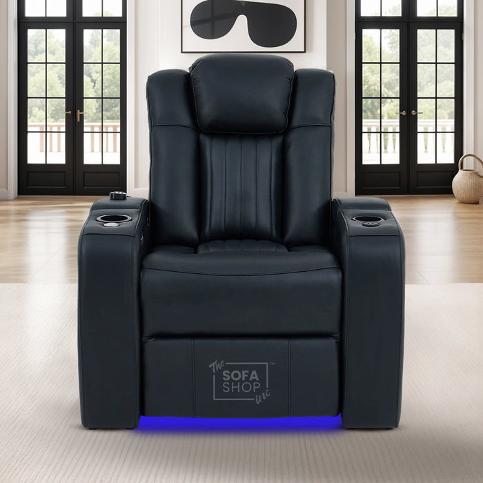 Real Leather 3+2+1 Power Reclining Sofa Set in Black | 3-Piece Cinema Sofa Suite with Console, Power Sockets, Cup Holders, Table & Massage | Capri