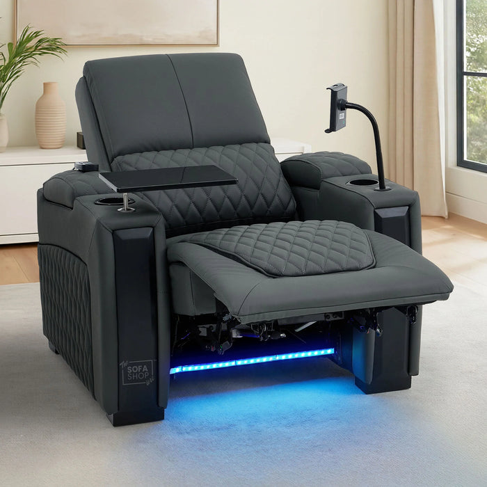 1 Seat Real Leather Electric Recliner Home Cinema Chair in Grey With Massage + Low Heated Lumbar + Cup Holders + Storage Compartments | Assisi