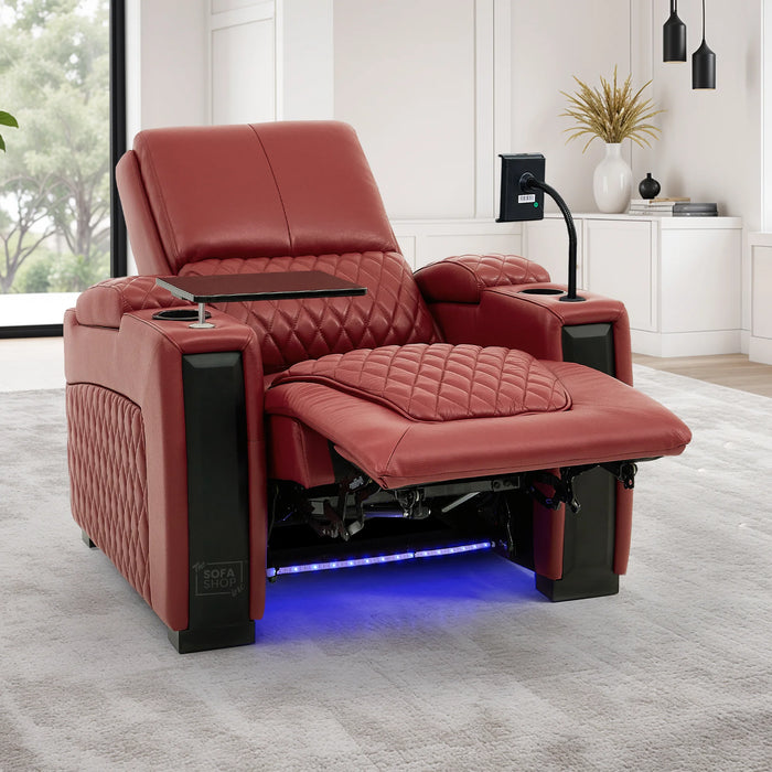 1 Seat Real Leather Electric Recliner Chair Home Cinema Sofa In Red with Massage, LED Cup Holders  & Low Heated Lumbar | Assisi