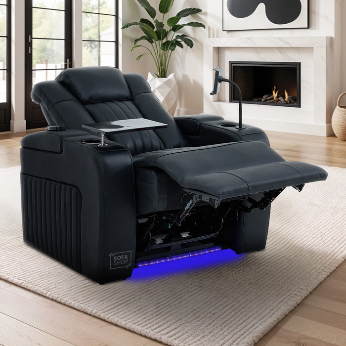 Real Leather 3+2+1 Power Reclining Sofa Set in Black | 3-Piece Cinema Sofa Suite with Console, Power Sockets, Cup Holders, Table & Massage | Capri