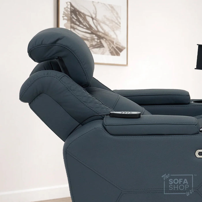 3+1 Seater Genuine Leather Recliner Cinema Sofa Set with Massage, Drop-Down Table, Cup Holders, LED Reading Light, Power Recliner, USB Ports, Socket Set & Storage | Blue Leather | Napoli