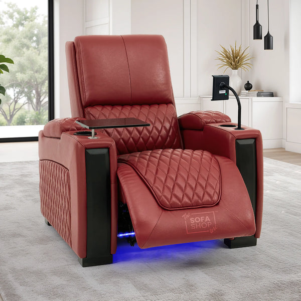 1 Seat Real Leather Electric Recliner Chair Home Cinema Sofa In Red with Massage, LED Cup Holders  & Low Heated Lumbar | Assisi