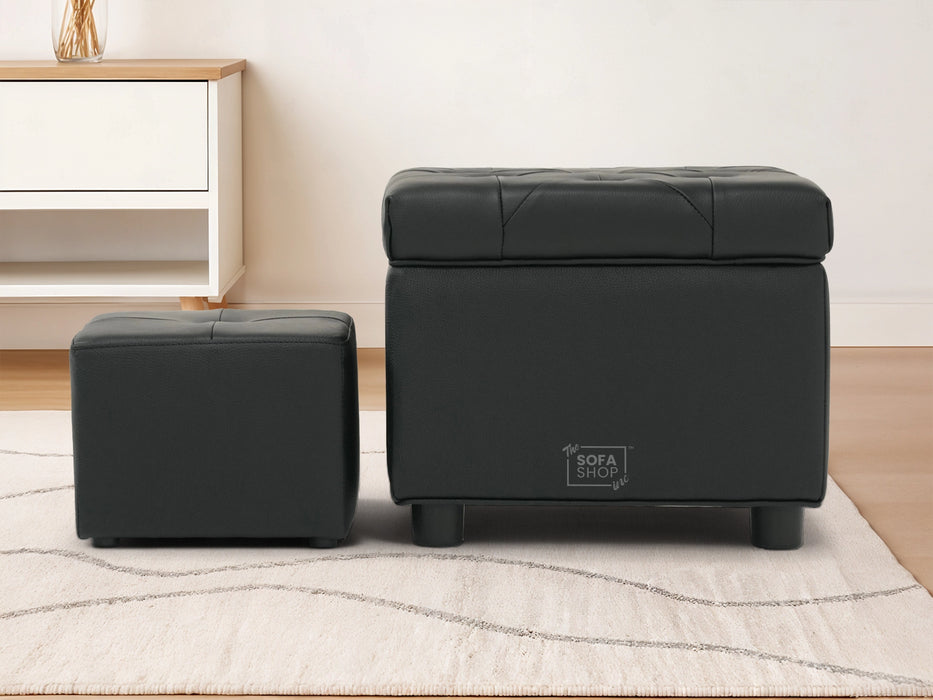 Black Real Leather Footstool | Storage Ottoman for Sofa - Square