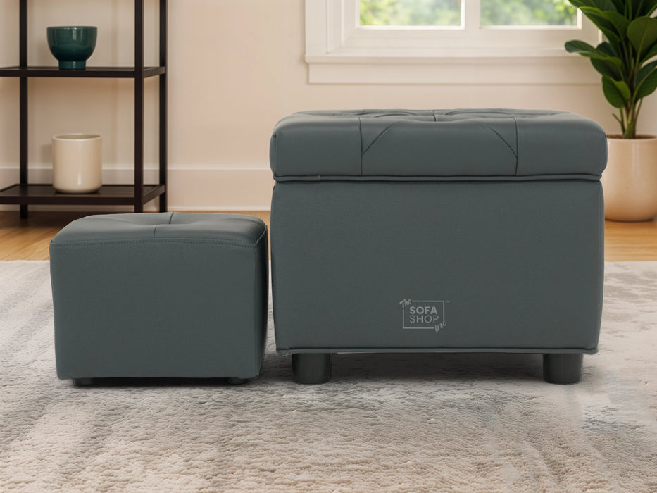 Grey Real Leather Footstool | Storage Ottoman for Sofa - Square