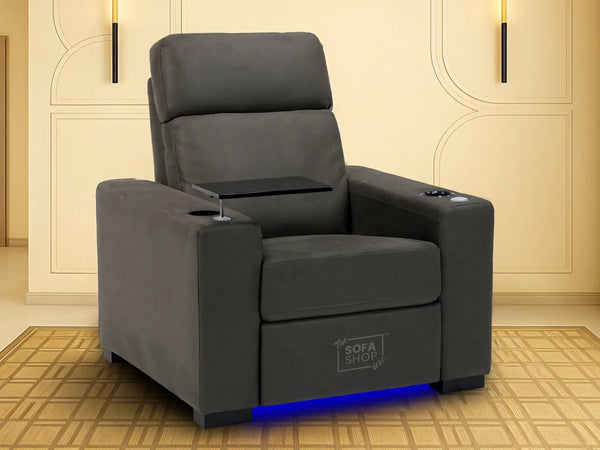 Fabric Cinema Armchair with Electric Reclining, Power Recliner, Lumbar Support, 2 Cup Holders, USB Charging & Tray Table | Hi-Tech Grey Fabric Chair | Palmero | Sofa Shop