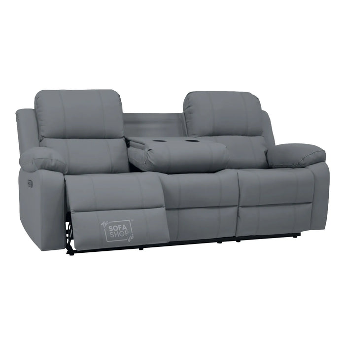 3 Seater Electric Recliner Sofa In Grey Real Leather | Power Recliner With Drop-Down Table & USB+C Charging | Comfortable & Family-Friendly Sofa | Trento | The Sofa Shop
