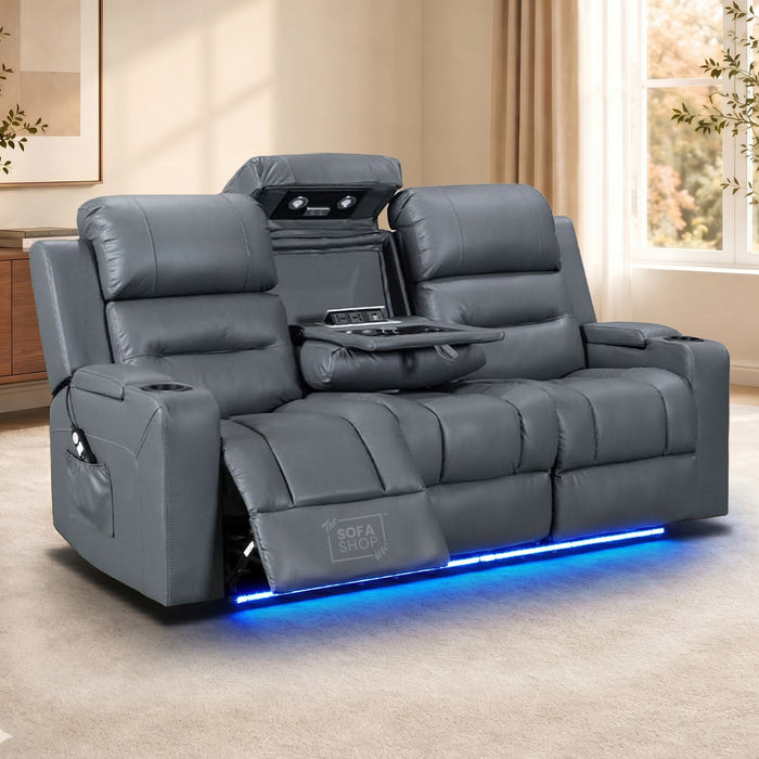 3 Seater Electric Recliner Sofa in Grey Leather | Cinema Seats with Console + Massage + Power Headrests | Siena | The Sofa Shop