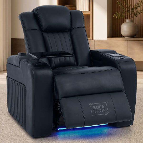 Electric Recliner Cinema Chair in Black Genuine Leather | Hi-Tech Armchair With Massage, Heated Lumbar, Heating & Cooling Cup Holders & Power Headrest | Capri | The Sofa Shop