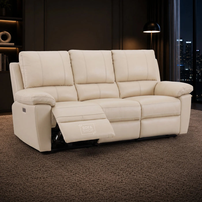 3 Seater Electric Recliner Sofa In Cream Real Leather | Power Recliner With Drop-Down Table & USB+C Charging | Comfortable & Family-Friendly Sofa | Trento | The Sofa Shop