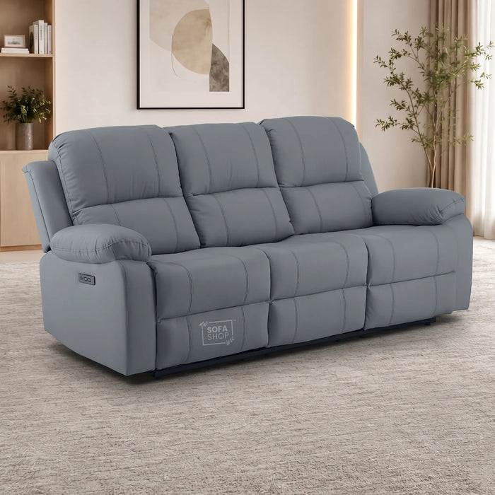 3 Seater Electric Recliner Sofa In Grey Real Leather | Power Recliner With Drop-Down Table & USB+C Charging | Comfortable & Family-Friendly Sofa | Trento | The Sofa Shop