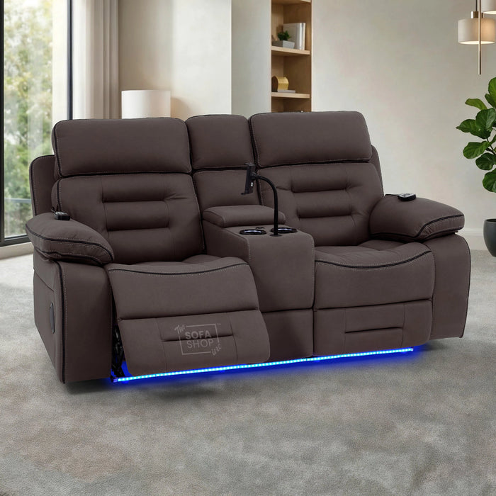 2+1 Dark Brown Fabric Electric Recliner Cinema Sofa Set | Hi-Tech Sofa Suite with Massage, Heating, Bluetooth Speakers, Fold-Down Table & Side Storage | Tuscany | The Sofa Shop