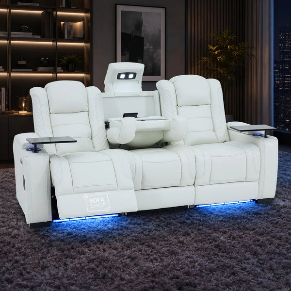 3 Seater Cinema Sofa in White Genuine Leather | Hi-Tech Cinema Sofa with Power Recline + Power Headrests + Vibration + Sockets + Base Storage | Napoli | The Sofa Shop