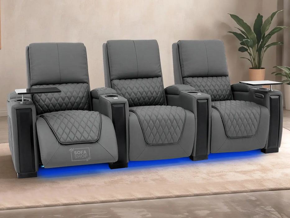 Real Leather 3+1 Home Theatre Sofa Suite In Grey | 2 Piece Reclining Cinema Sofa Package With Power Lumbar, LED & Cooling Cup Holders | Assisi