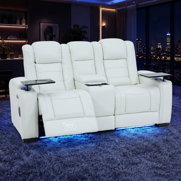 2 Seater Cinema Sofa in White Genuine Leather | Hi-Tech Console Couch with Power Recline + Power Headrests + Sockets + Speakers + Cooling Cupholders | Napoli | The Sofa Shop