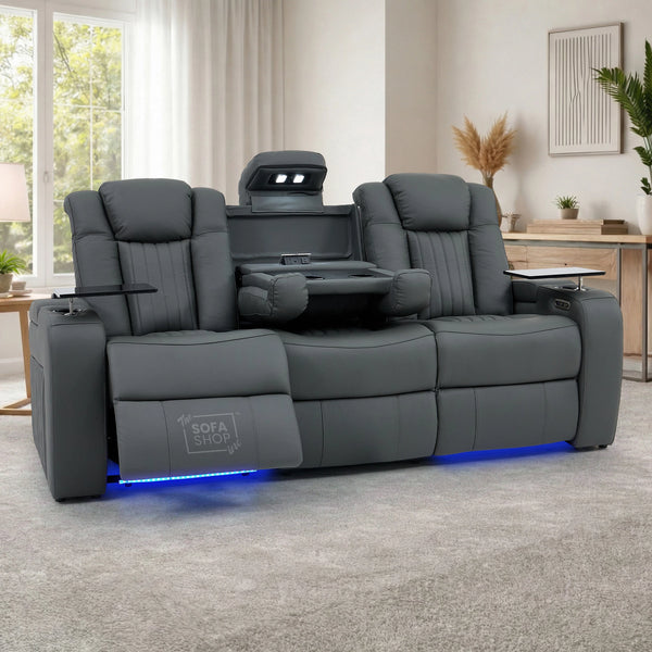 3 Seater Grey Real Leather Electric Recliner Cinema Sofa | Hi-Tech Grey Real Leather with Power Headrests, Power Lumbar + Tray Tables & Cooling Cupholders | Capri | The Sofa Shop
