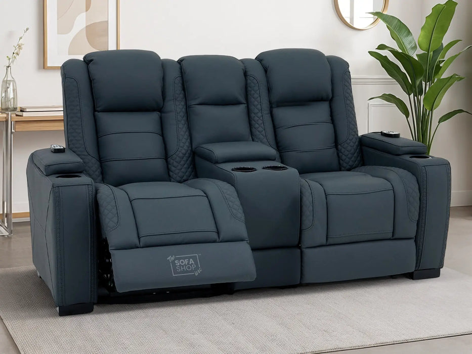 3+2 Cinema Sofa Set in Blue Genuine Leather with Massage, Drop-Down Table, Cup Holders, LED Reading Light, Power Recliner, USB Ports, Socket Set & Storage | Blue Leather | Napoli | The Sofa Shop