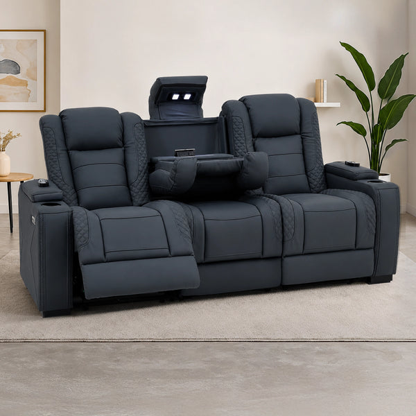 3 Seater Real Leather Electric Recliner Cinema Sofa in Blue | Massage, Power Headrest & USB-C | Napoli | The Sofa Shop
