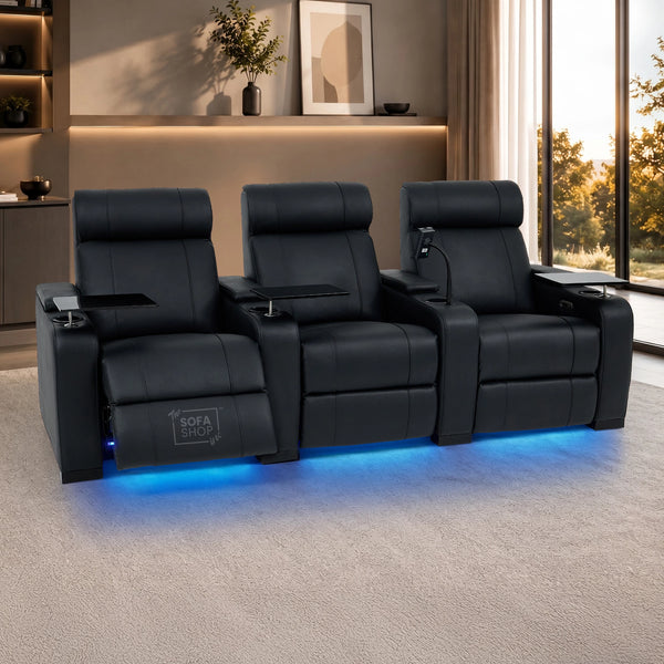 3 Seater Black Real Leather Power Recline Cinema Sofa | Hi-Tech Sofa With 8-Point Vibration Massage, Heated Lumbar & Cooler Cup Holders | Home Theatre Seating & Detachable Tray Tables | Rimini | The Sofa Shop