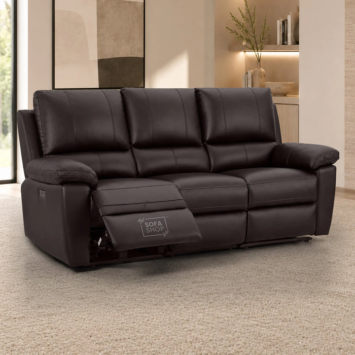 3 Seater Electric Recliner Sofa In Dark Brown Real Leather | Electric Settee With Power Recline + Drop-Down Table + Cup Holders + USB-C Charging | Trento | The Sofa Shop