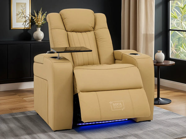 Real Leather Electric Recliner Cinema Chair in Tan | Hi-Tech Power Chair with USB Charging, Cup Holders, Storage, LED Lights & Massage | Capri | The Sofa Shop
