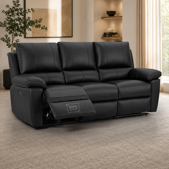 3 Seater Electric Recliner Sofa In Black Real Leather | Power Recliner With Drop-Down Table & USB+C Charging | Comfortable & Family-Friendly Sofa | Trento | The Sofa Shop