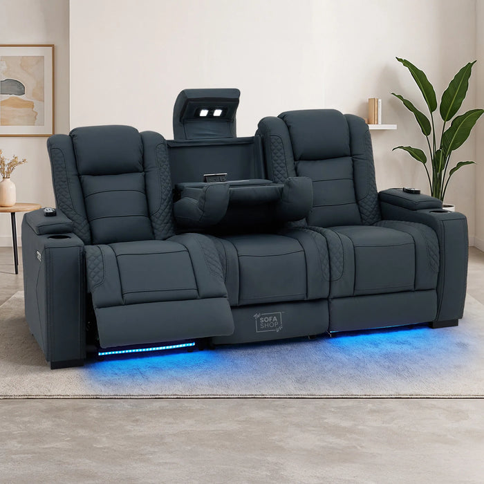 3 Seater Electric Recliner Cinema Sofa in Blue Genuine Leather with Massage, Drop-Down Table, Cup Holders, Power Recliner, USB Ports & Storage Box | Napoli