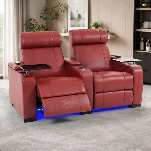 2 Seater Real Leather Electric Recliner Cinema Sofa in Red | Hi-Tech Cinema Sofa With Massage, Tray Tables & Cooling Cup Holders + USB Ports | Rimini | The Sofa Shop