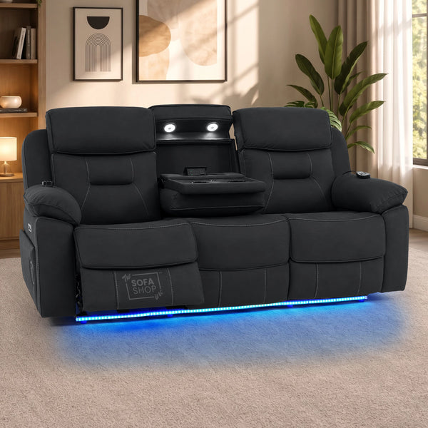3 Seater Electric Recliner Couch in Charcoal Grey Fabric | Hi-Tech Sofa with Vibration Massage + Heated Lumbar + Power Grommet + Multi-Link Bluetooth + Power Headrests | Florence | The Sofa Shop
