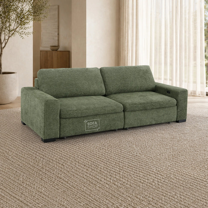 Extendable Electric Sofa Bed in Green Chenille Fabric | 3 Seater Power Sliding Couch Perfect for Home Cinema & Movie Nights | USBc Charging Ports | Palma | The Sofa Shop