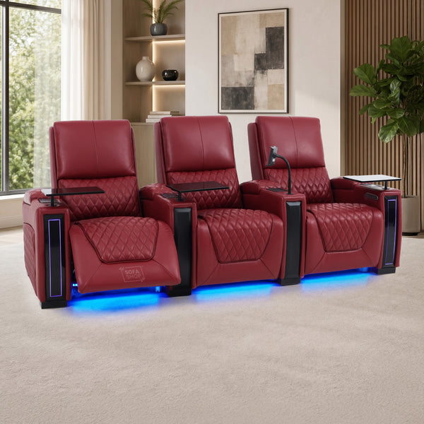 3 Seater Real Leather Power Recline | Independent Power Lumbar With Wireless Charging & Heating + Cooling Cup Holders In Red Real Leather | Home Theatre Seating & Detachable Tray Tables | Assisi | The Sofa Shop