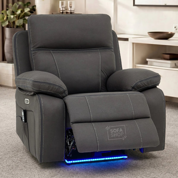 1 Seat Electric Recliner Chair Home Cinema Sofa | Hi-Tech Chair In Grey Fabric with Side Pocket + USB + Massage | Vinsonova