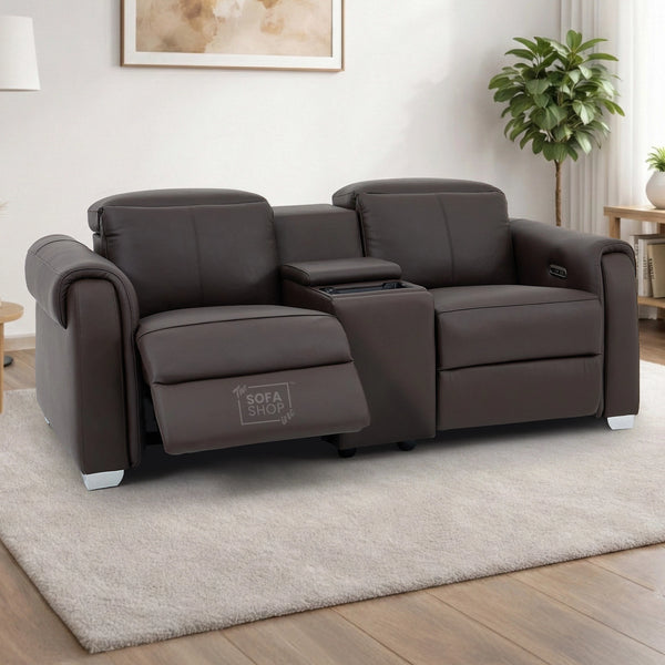 2 Seater Real Leather Electric Recliner Sofa | Cinema Sofa | Hi-Tech Sofa in Brown with Massage, Middle Console, Adjustable Headrests & USB | Turin | The Sofa Shop