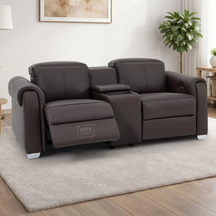 2 Seater Real Leather Electric Recliner Sofa | Cinema Sofa | Hi-Tech Sofa in Brown with Massage, Middle Console, Adjustable Headrests & USB | Turin | The Sofa Shop