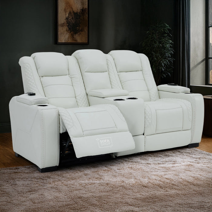 2 Seater White Genuine Leather Electric Recliner Cinema Sofa | Massage, Cooling Cupholders & Central Console | Napoli | The Sofa Shop