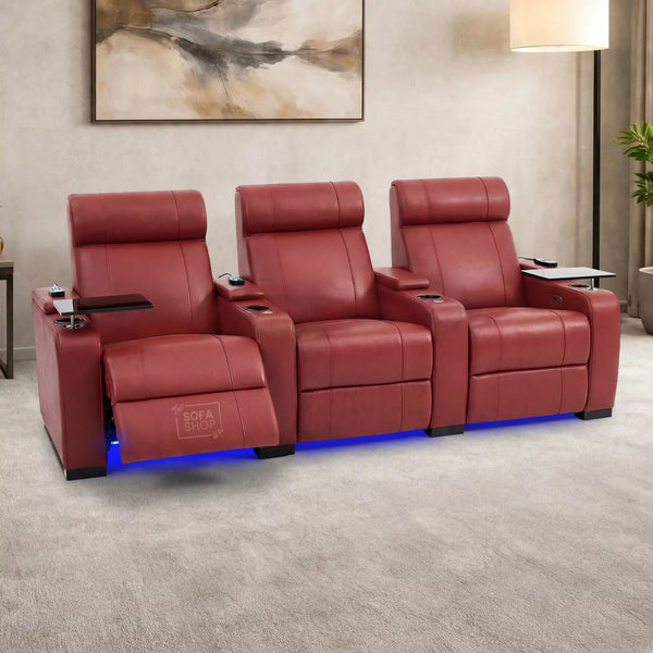 3 Seater Real Leather Electric Recliner Cinema Theatre Sofa in Red | Electric Recliner With Massage, Bluetooth & Cooling Cup Holders + Storage + Power | Rimini | The Sofa Shop