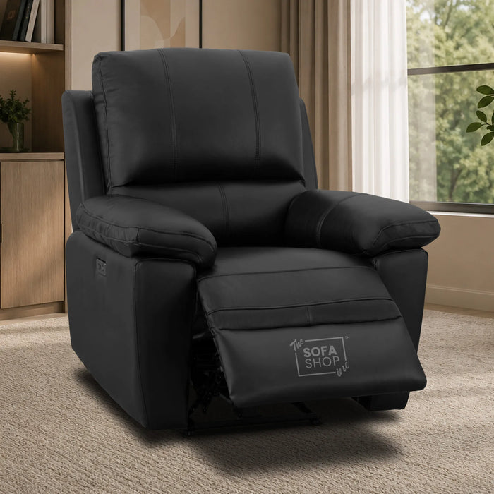 3+1 Electric Recliner Sofa Set In Black Real Leather | Recliner Sofa Suite With Power Recline + Drop-Down Table + Cup Holders + USB-C Charging | Trento | The Sofa Shop