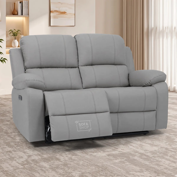 2 Seater Electric Recliner Sofa In Light Grey Real Leather | Smooth Power Recliner, USB-C Charging | Trento |The Sofa Shop