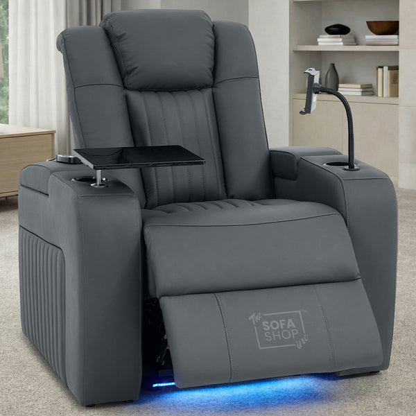 Real Leather Recliner Chair & Cinema Seat in Grey | Electric Armchair with Massage, Heating, LED Cup Holders, Table & USB Ports | Capri